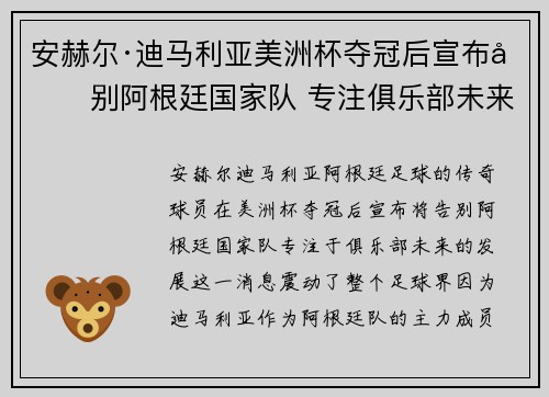 安赫尔·迪马利亚美洲杯夺冠后宣布告别阿根廷国家队 专注俱乐部未来