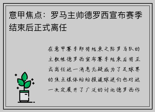 意甲焦点:罗马主帅德罗西宣布赛季结束后正式离任 意甲焦点:罗马主帅德罗西宣布赛季结束后正式离任