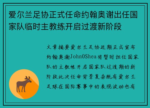 爱尔兰足协正式任命约翰奥谢出任国家队临时主教练开启过渡新阶段