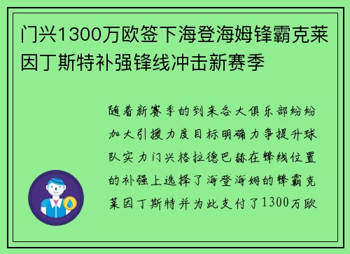 门兴1300万欧签下海登海姆锋霸克莱因丁斯特补强锋线冲击新赛季 门兴1300万欧签下海登海姆锋霸克莱因丁斯特补强锋线冲击新赛季